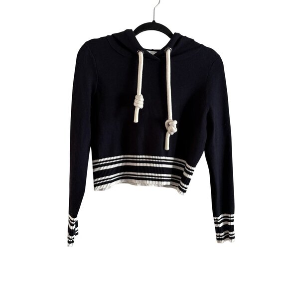 Zara Women M Navy Blue Striped Knit Nautical Cropped Pullover Hoodie Sweater - Picture 1 of 8